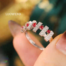 Load image into Gallery viewer, LUOWEND 18K White Gold Real Natural Diamond and Ruby Ring for Women
