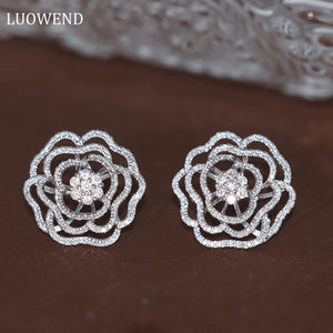 LUOWEND 18K White Gold Real Natural Diamond Stud Earrings for Women
