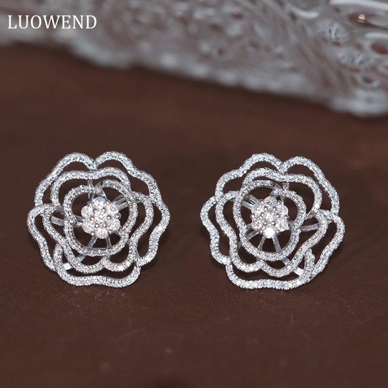 LUOWEND 18K White Gold Real Natural Diamond Stud Earrings for Women