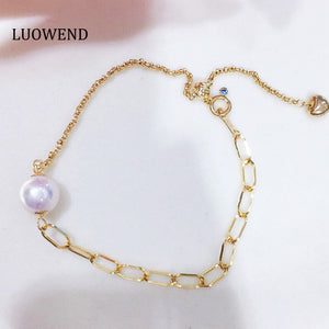 LUOWEND 18K Yellow Gold Natural Akoya Pearl Bracelet for Women