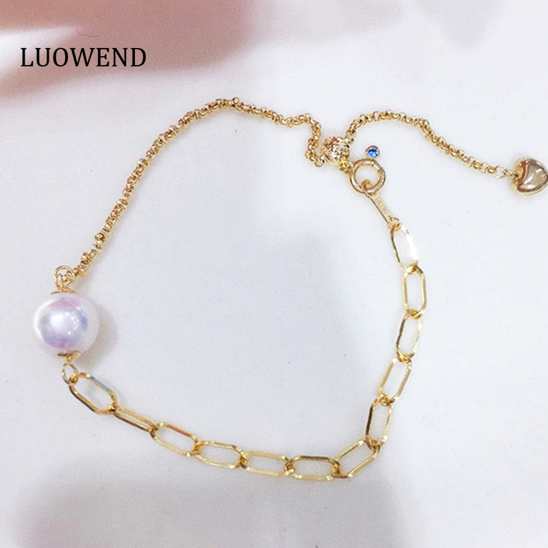 LUOWEND 18K Yellow Gold Natural Akoya Pearl Bracelet for Women