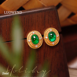LUOWEND 18K Yellow Gold Real Natural Emerald and Diamond Gemstone Earrings for Women