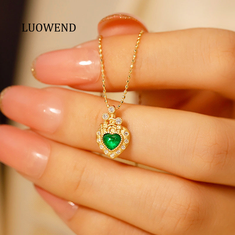 LUOWEND 18K Yellow Gold Real Natural Emerald Necklace for Women