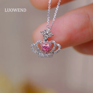 LUOWEND 18K White Gold Real Natural Pink Diamond Pendant Necklace for Women