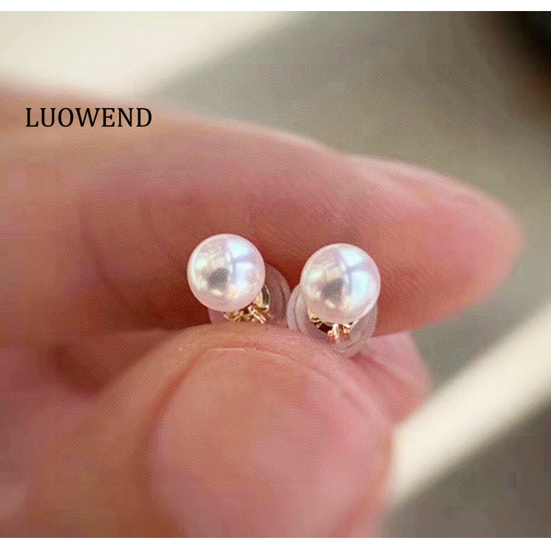 LUOWEND 18K White Gold Real Natural Akoya Pearl Earrings for Women