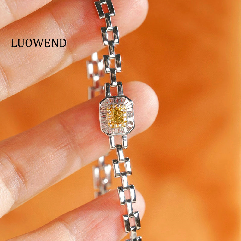 LUOWEND 18K White Gold Natural Yellow Diamond Bracelet for Women