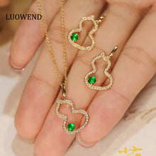 Load image into Gallery viewer, LUOWEND 18K Yellow Gold Real Natural Emerald and Diamond Gemstone Necklace for Women

