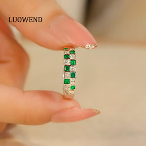 LUOWEND 18K White Gold Real Natural Emerald Ring for Women