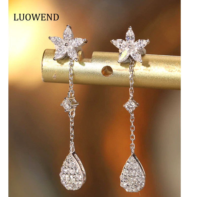 LUOWEND 18K White Gold Natural Diamond Earrings for Women