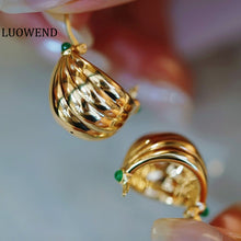 Load image into Gallery viewer, LUOWEND 18K Yellow Gold Real Natural Emerald Hoop Earrings for Women
