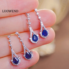 Load image into Gallery viewer, LUOWEND 18K White Gold Real Natural Diamond Natural Sapphire Earrings for Women
