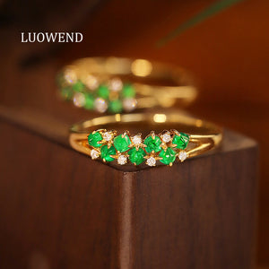LUOWEND 18K Yellow Gold Real Natural Emerald Ring for Women