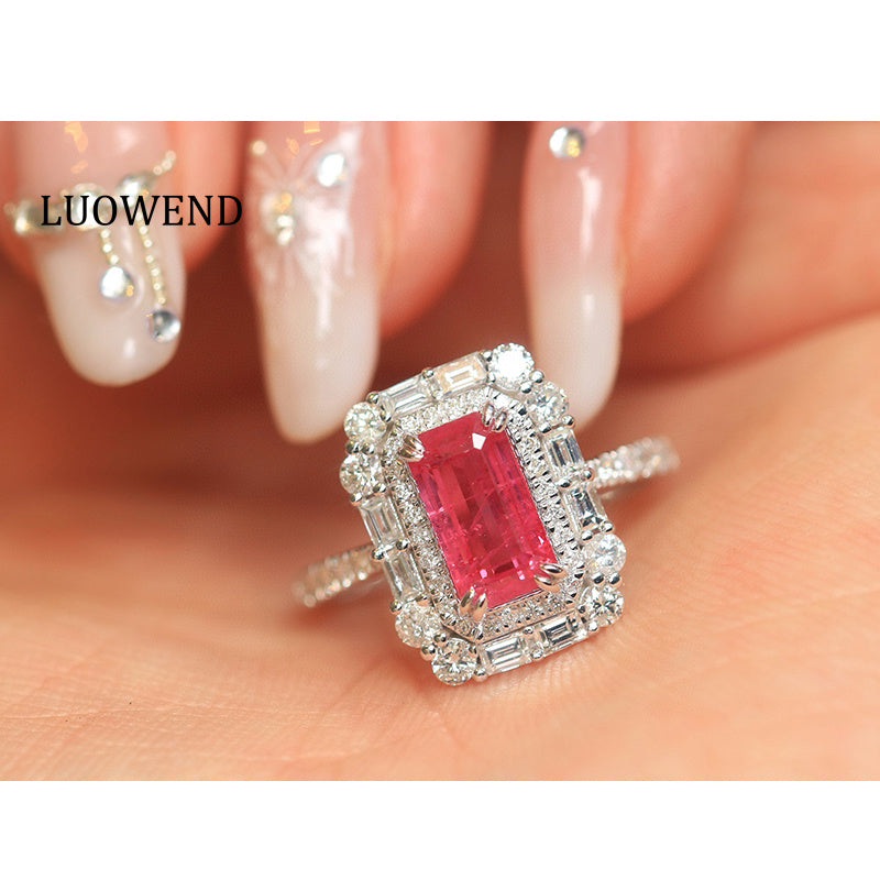 LUOWEND 18K White Gold Natural Ruby Ring for Women