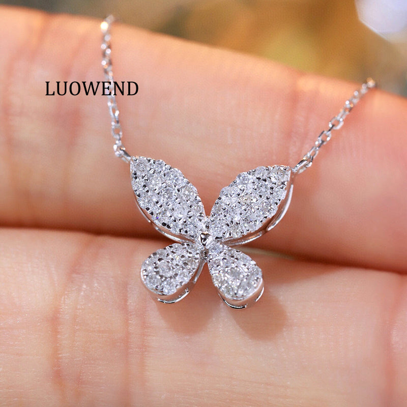 LUOWEND 18K White Gold Natural Diamond Pendant Necklace for Women