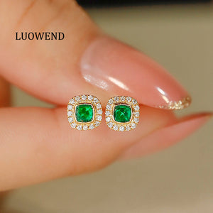 LUOWEND 18K Yellow Gold Real Natural Emerald and Diamond Gemstone Earrings for Women