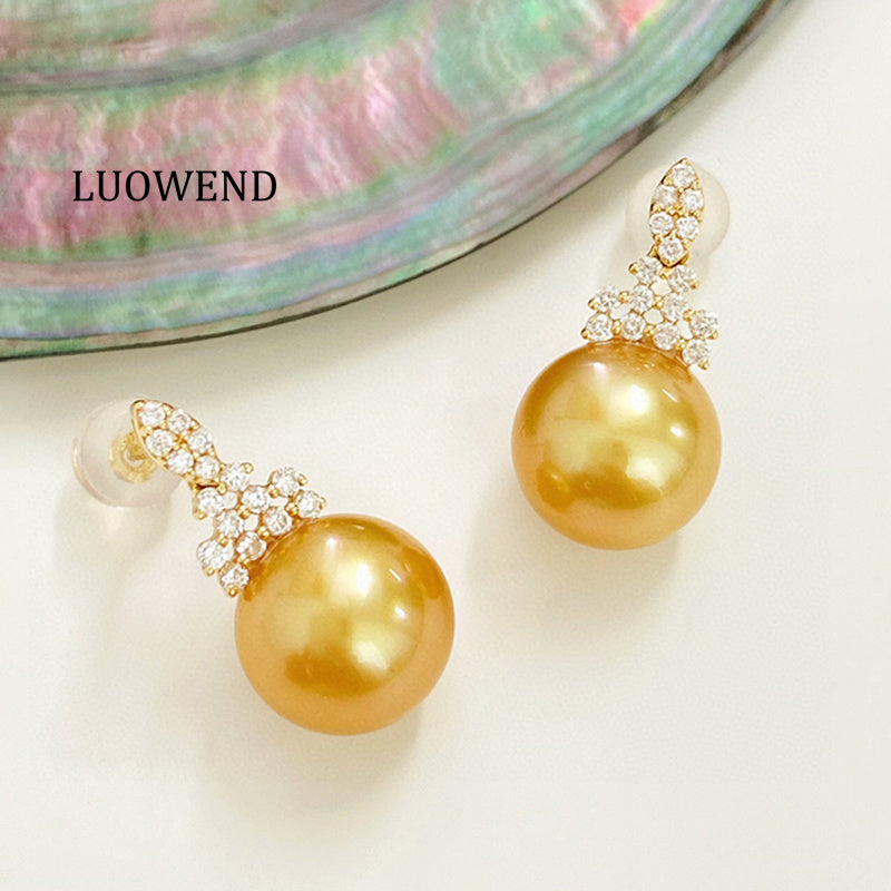 LUOWEND 18K Yellow Gold Real Natural Diamond and Gold Pearl Earrings for Women