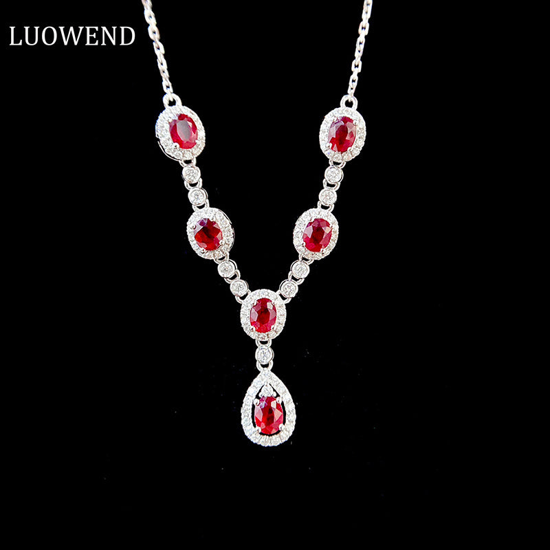 LUOWEND 18K White Gold Real Natural Ruby and Diamond Gemstone Necklace for Women