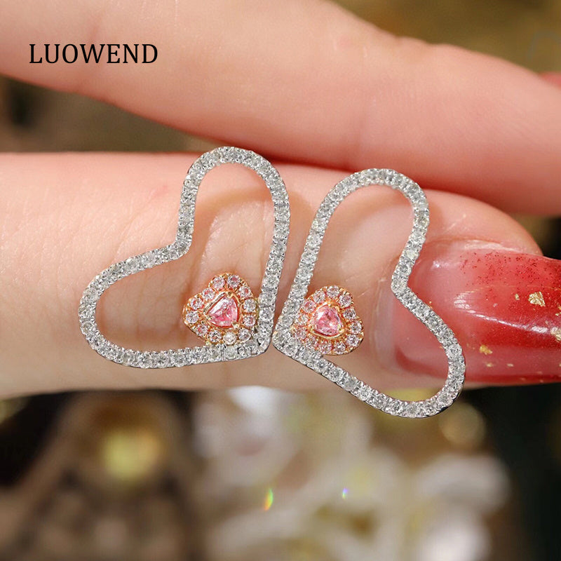 LUOWEND 18K White Gold Real Natural Pink Diamond Stud Earrings for Women