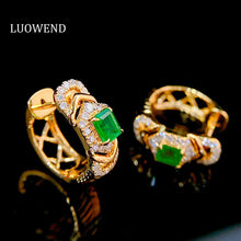 Load image into Gallery viewer, LUOWEND 18K Yellow Gold Real Natural Emerald and Diamond Gemstone Earrings for Women
