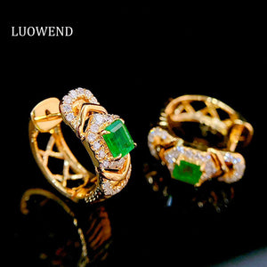 LUOWEND 18K Yellow Gold Real Natural Emerald and Diamond Gemstone Earrings for Women