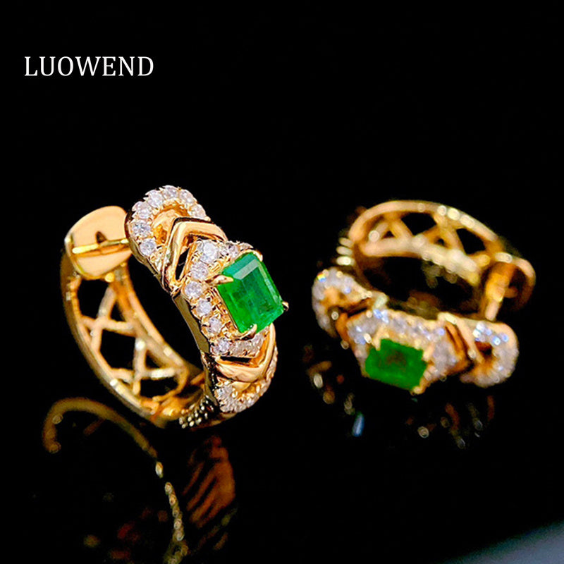 LUOWEND 18K Yellow Gold Real Natural Emerald and Diamond Gemstone Earrings for Women