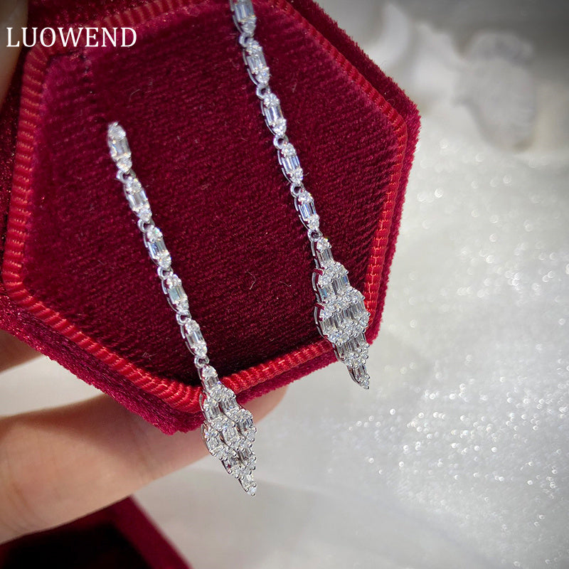 LUOWEND 18K White Gold Real Natural Diamond Drop Earrings for Women