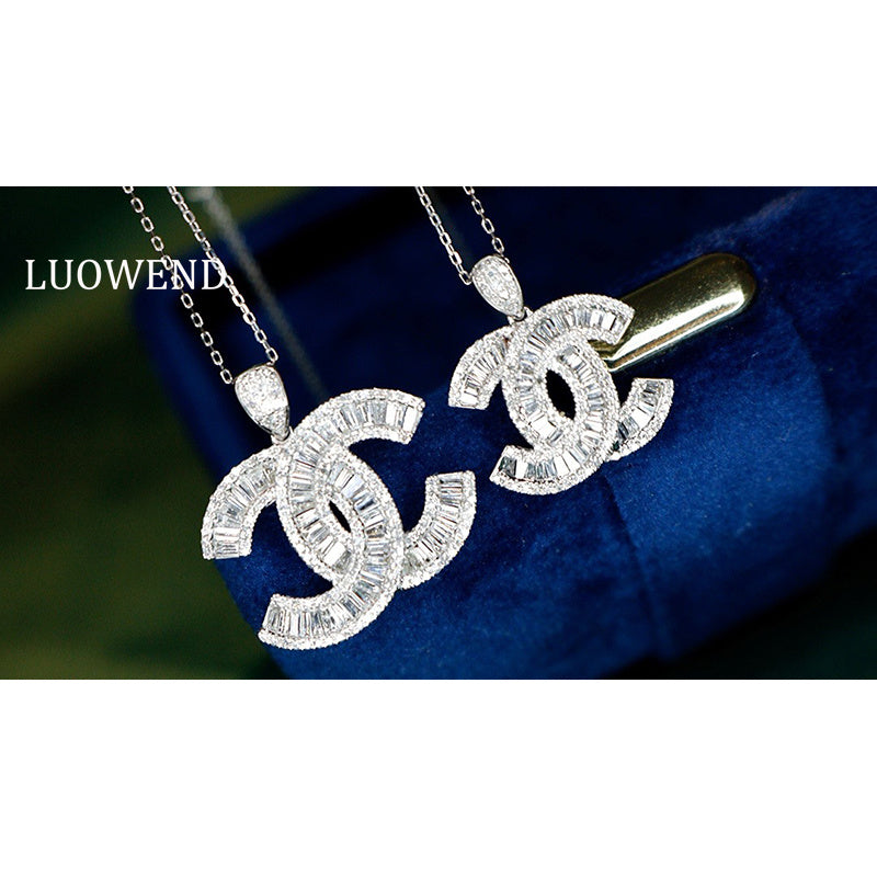 LUOWEND 18K White Gold Large Size Natural Diamond Necklace for Women