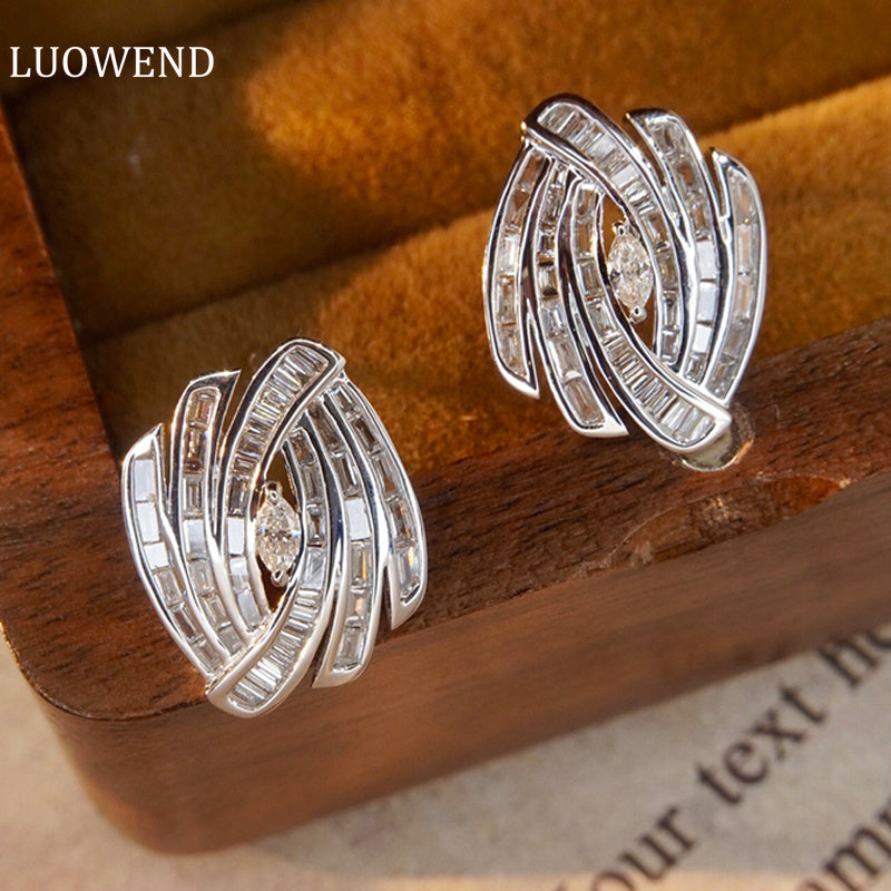 LUOWEND 18K White Gold Real Natural Diamond Stud Earrings for Women