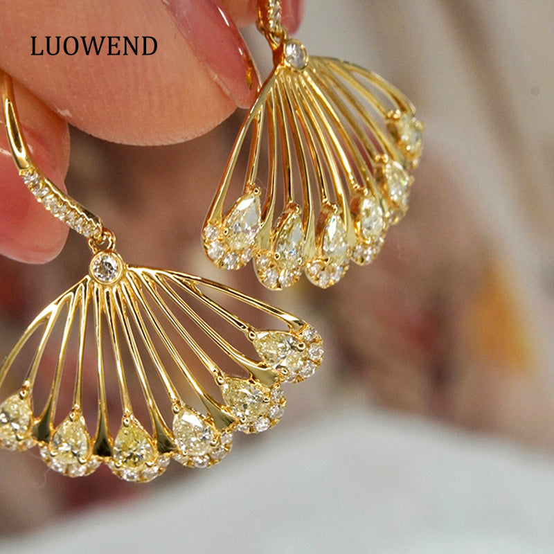 LUOWEND 18K Yellow Gold Real Natural Diamond Drop Earrings for Women