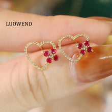 Load image into Gallery viewer, LUOWEND 18K Yellow Gold Real Natural Ruby and Diamond Gemstone Earrings for Women
