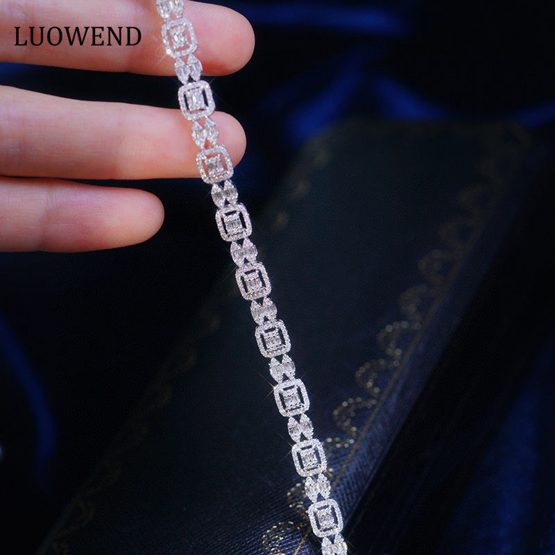 LUOWEND 18K White Gold Real Natural Diamond Bracelet for Women
