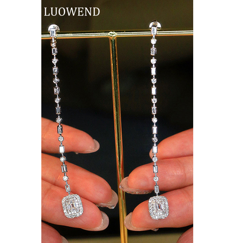 LUOWEND 18K White Gold Real Natural Diamond Drop Earrings for Women