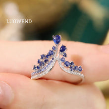 Load image into Gallery viewer, LUOWEND 18K White Gold Real Natural Diamond and Sapphire Ring for Women
