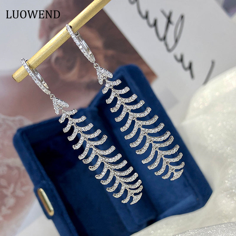 LUOWEND 18K White Gold Real Natural Diamond Drop Earrings for Women