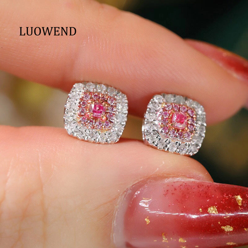 LUOWEND 18K White Gold Real Natural Pink Diamond Stud Earrings for Women