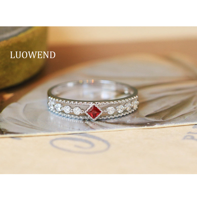 LUOWEND 18K White Gold Natural Ruby Ring for Women