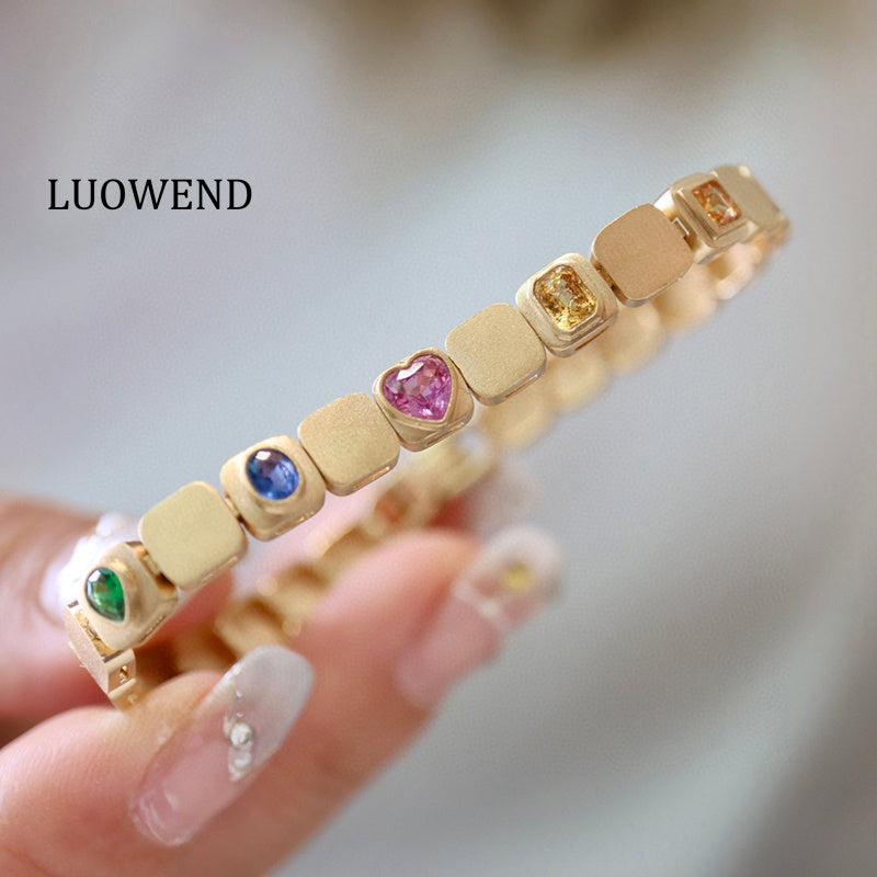 LUOWEND 18K Yellow Gold Real Natural Aquamarine Bracelet for Women