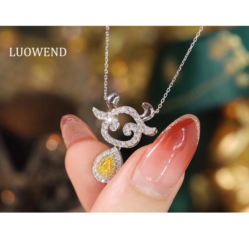 LUOWEND 18K White Gold Real Natural Yellow Diamond Necklace for Women
