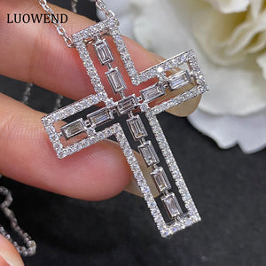 LUOWEND 18K White Gold Real Natural Diamond Cross Pendant Necklace for Women