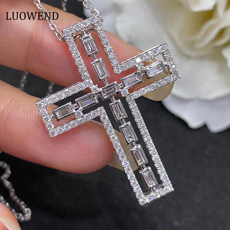 LUOWEND 18K White Gold Real Natural Diamond Cross Pendant Necklace for Women