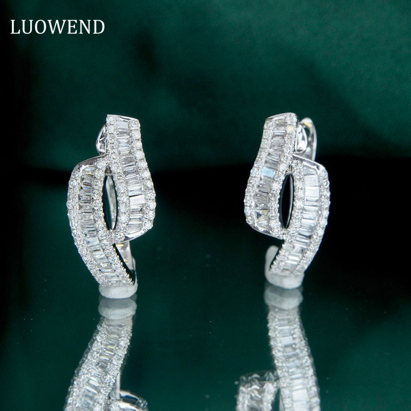 LUOWEND 18K White Gold Real Natural Diamond Hoop Earrings for Women