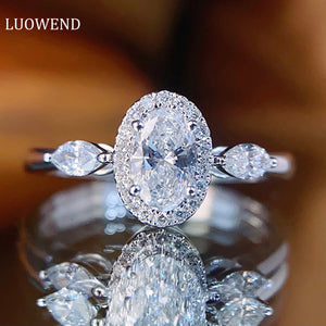 LUOWEND 18K White Gold Real Natural Diamond Ring for Women