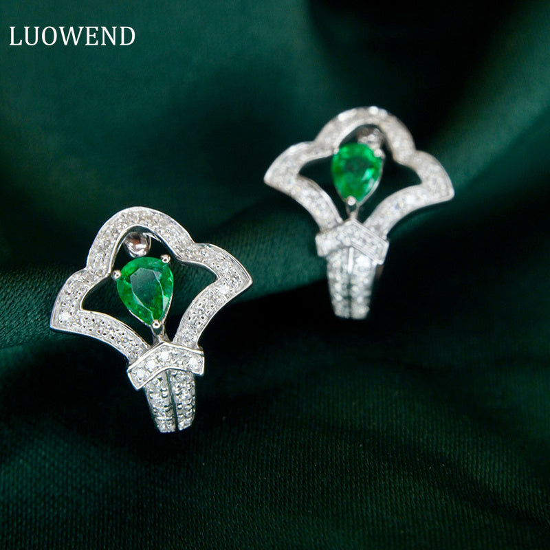 LUOWEND 18K White Gold Real Natural Emerald and Diamond Gemstone Earrings for Women