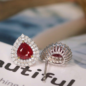 LUOWEND 18K White Gold Real Natural Ruby and Diamond Gemstone Earrings for Women