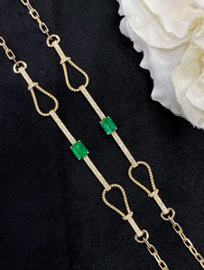 LUOWEND 18K Yellow Gold Real Natural Emerald and Diamond Bracelet for Women