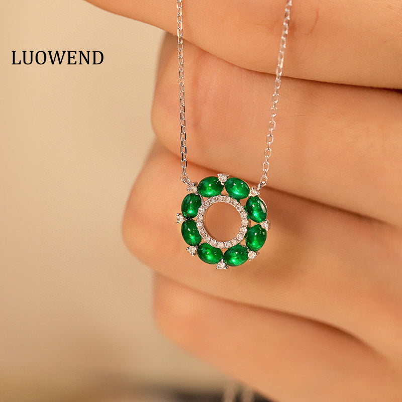 LUOWEND 18K White Gold Real Natural Emerald Necklace for Women