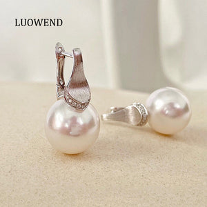 LUOWEND 18K White Gold Australian Pearl Hoop Earrings for Women