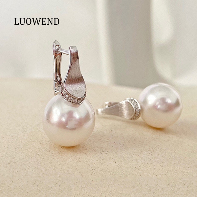 LUOWEND 18K White Gold Australian Pearl Hoop Earrings for Women