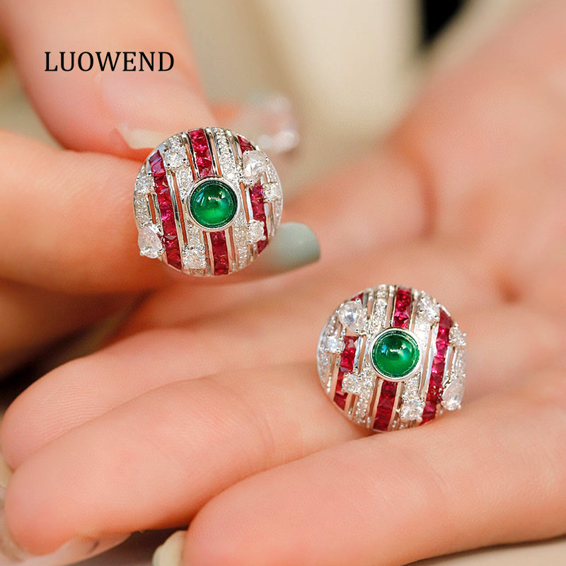 LUOWEND 18K White Gold Real Natural Emerald and Diamond Gemstone Earrings for Women