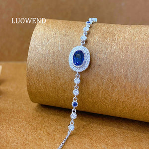 LUOWEND 18K White Gold Natural Diamond and Sapphire Bracelet for Women